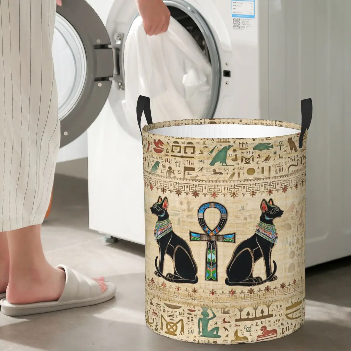 

Egyptian Cats And Ankh Cross Foldable Laundry Baskets Dirty Clothes Toys Storage Basket Large Waterproof Box
