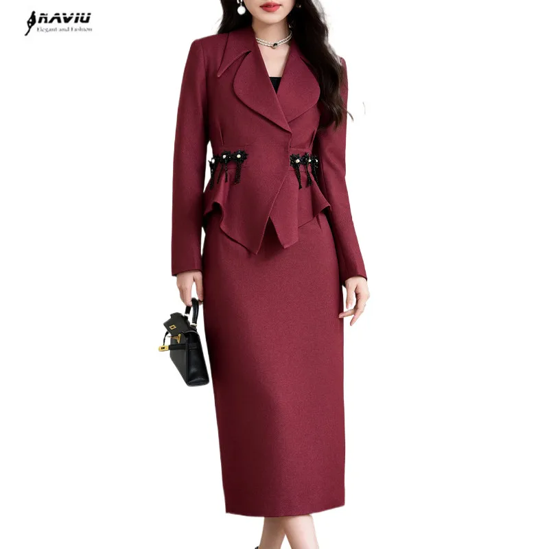 NAVIU Solid Festival Suit Women New 2024 Autumn Fashion Temperament Professional Blazer Coat And High Waist Skirt Two Piece Set