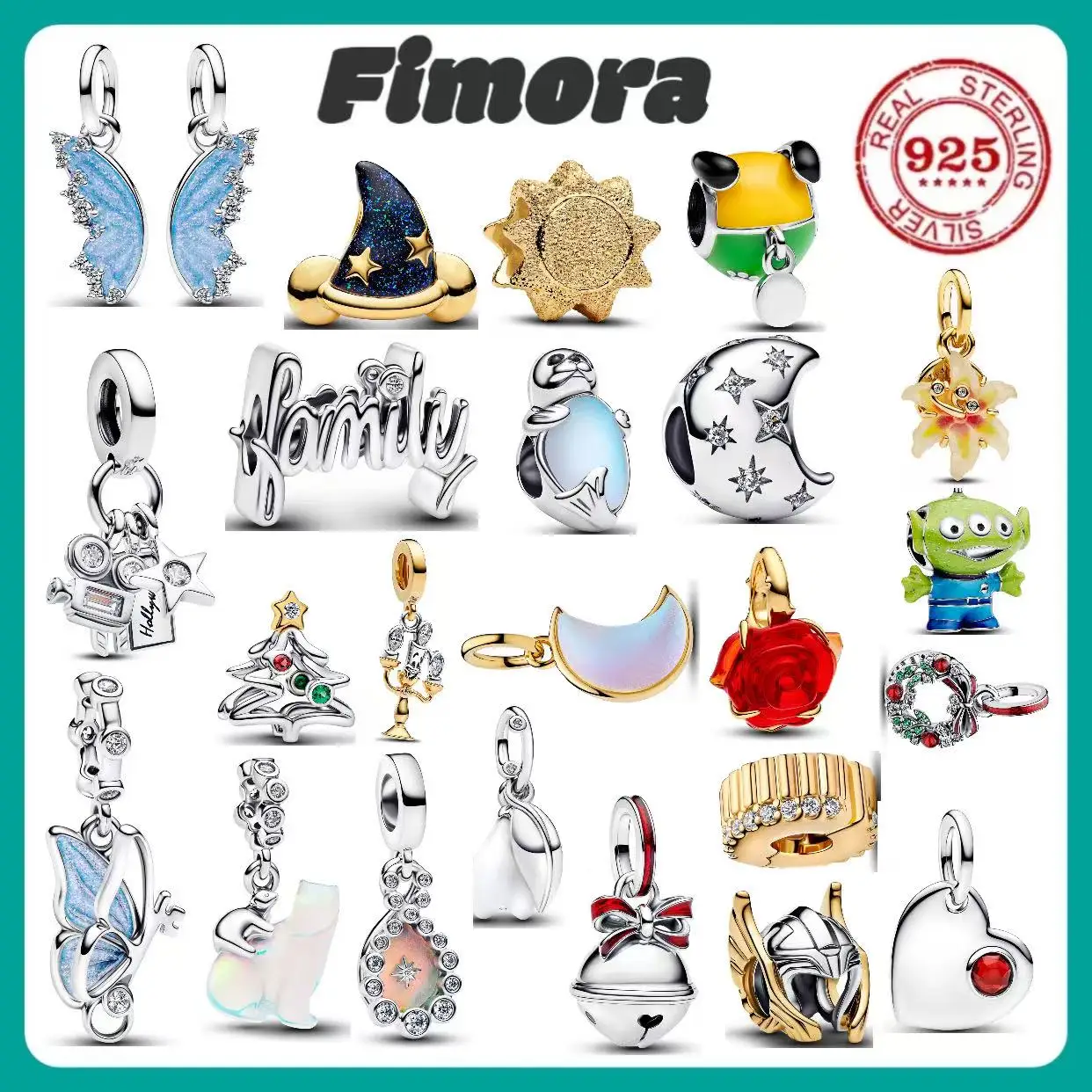 Image of 925er Sterlingsilber Disney Mond-Textur Rosen-Weihnachtsbaum-Puppenmuster Anhänger Zubehör DIY Armband Damenschmuck Geschenk