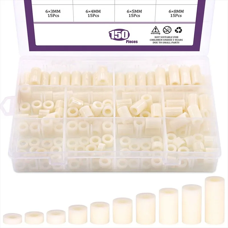 

150Pcs Nylon Round Spacer Standoff Screw Nut Assortment Kit PA66 Plastic Standoff 3/4/5/8/10/12/15/18/20/25mm for M6 Screws