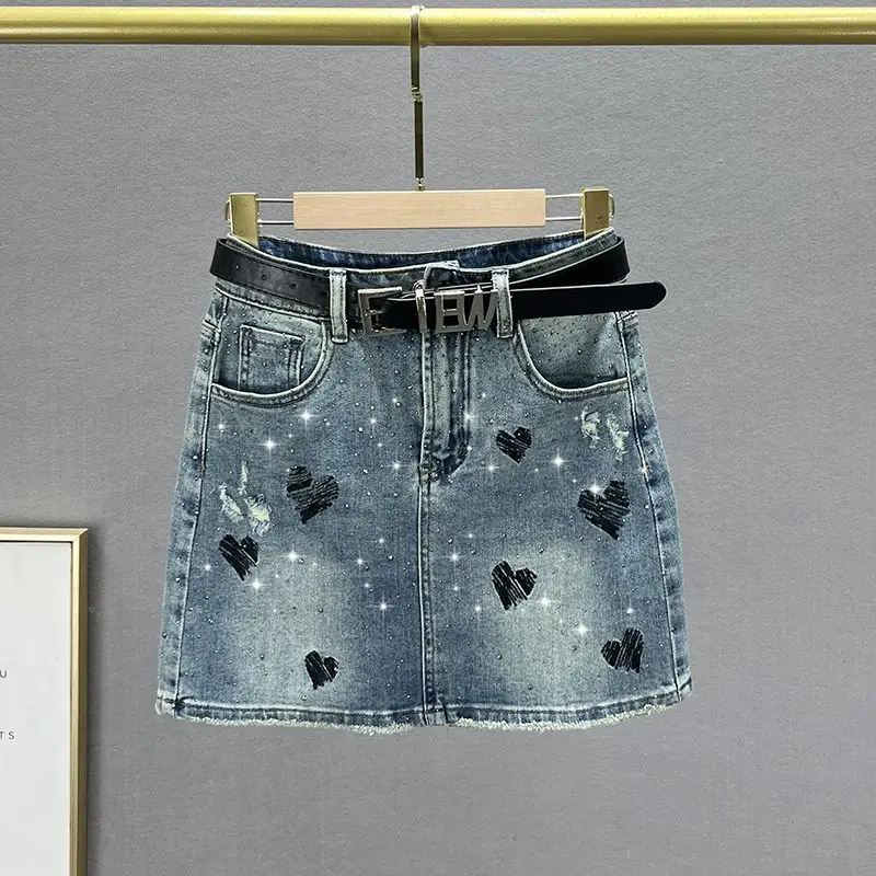 Cowboy Skirt Female 2024 New Summer High Waist Slim Ins Love Embroidery Rhinestone Skirt.