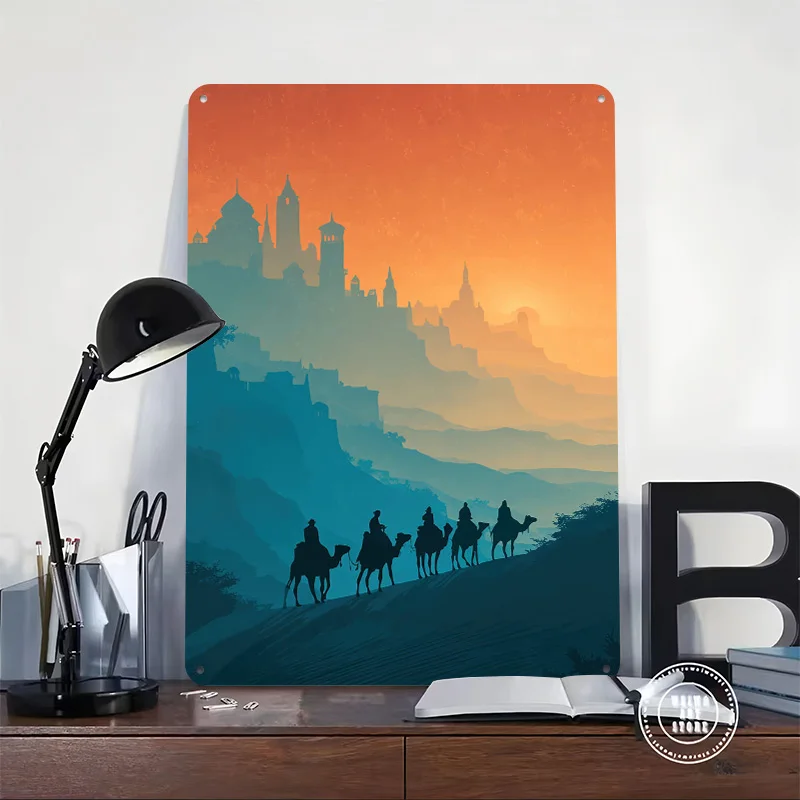 Caravan in a Desert Landscape 3D Printed Texture Poster Personalized Wall Art Retro Metal Tin Signs for Gaming Room Decoration