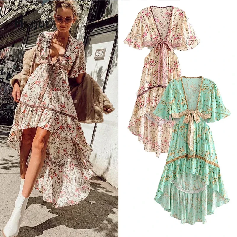 Mr. Nut Bohemian Style Waist Baring Printed Vacation Dress with Bow Decoration Front Short and Back Long Beach Big Swing Dress