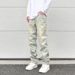 Streetwear Distressed Washed Zipper Jeans Men Yellow Mud Dyed Split Slim Casual Straight Fit Denim Pants Men Vintage Y2k