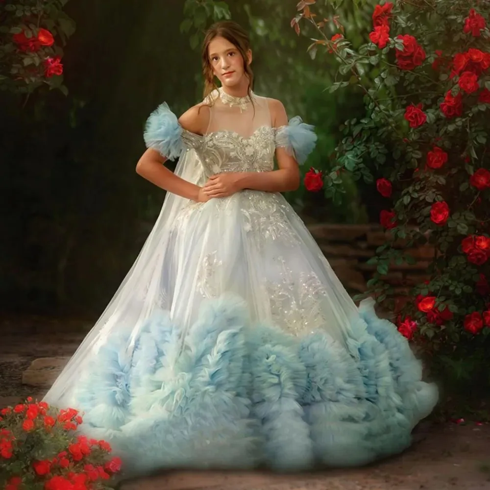 

Luxury Blue Girls Birthday Party Dresses Lace Appliques Flower Girl Dresses For Wedding First Communion Dresses Customized