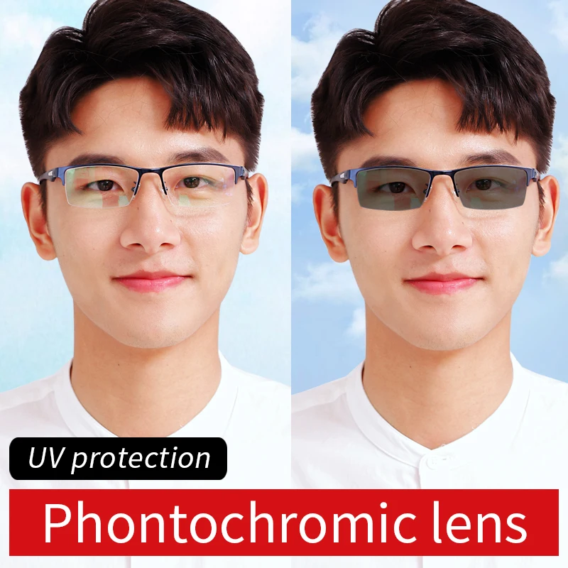 Photochromic Progressive Multifocal Reading Glasses for Men,Half Frame Rectangular, Anti Fatigue Presbyopia Eyeglasses