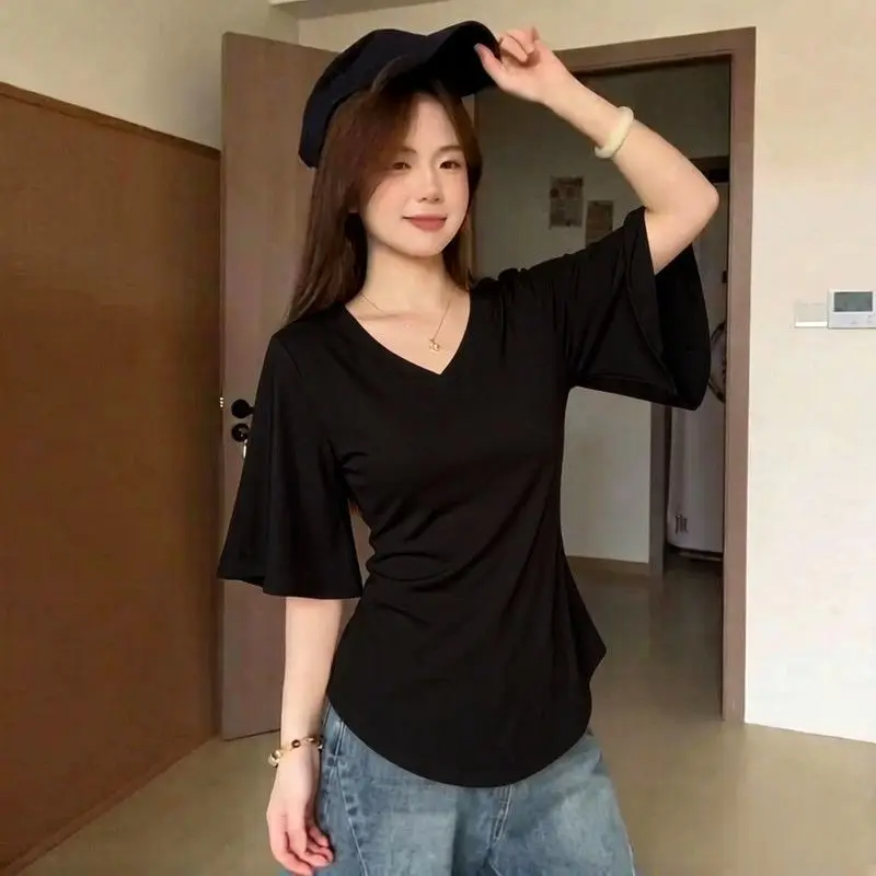 V Neck Slim Simplicity Solid Temperament Tops Tees Women Clothing Summer Half Sleeve Youth Casual T Shirts Fashion Lazy Style