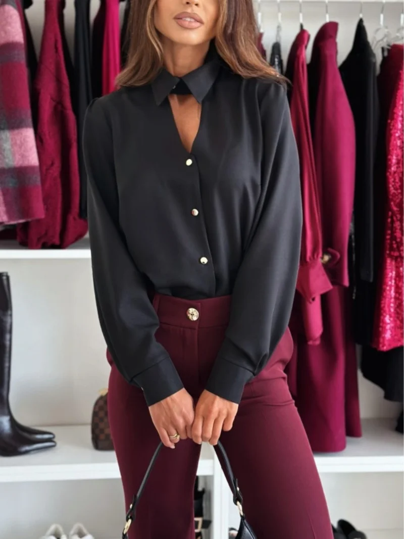 

Women's Long Sleeve Button Down Blouse with Cutout V Neckline and Classic Collar for Office and Casual Wear