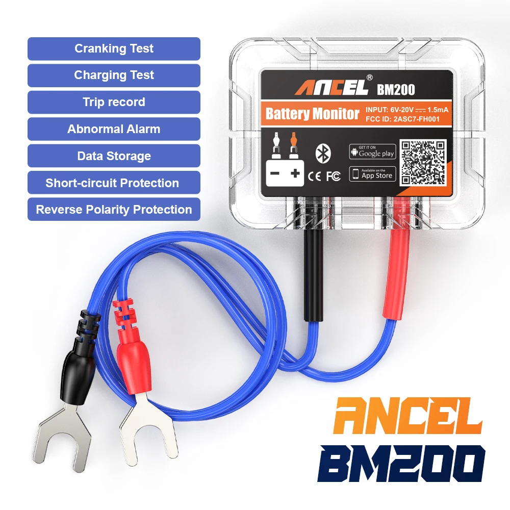 ANCEL BM200 Wireless 12V Battery Monitor Car Battery Health Monitoring Battery Tester Abnormal Alarm Support Max 4 Cars Monitor