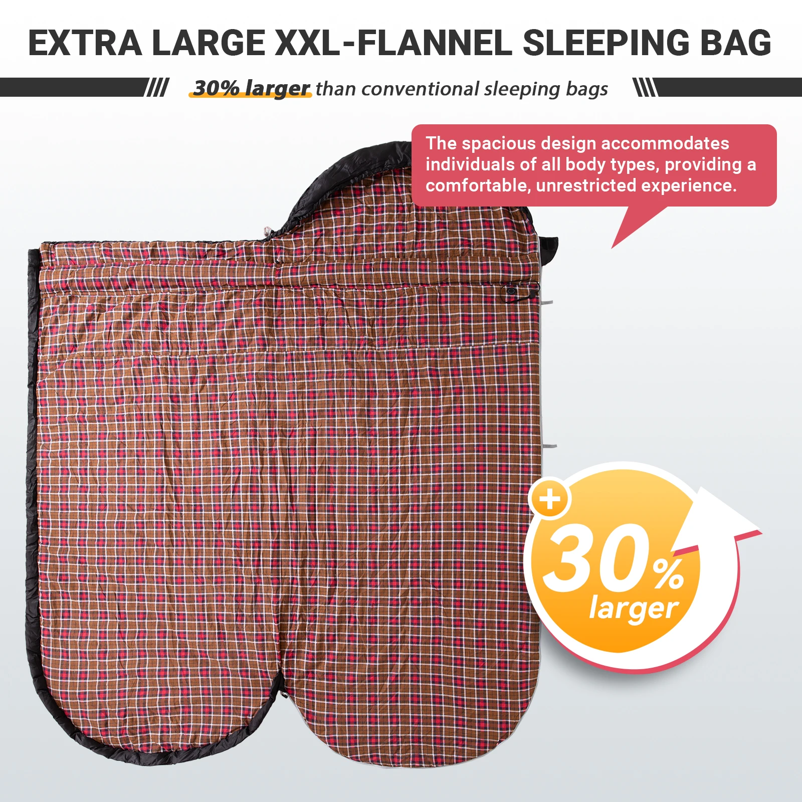 حقيبة نوم KingCamp للبالغين، الطقس البارد والدافئ، واسعة جدًا وكبيرة وطويلة XL، أكياس نوم من الفلانيل المقاومة للماء، Essent