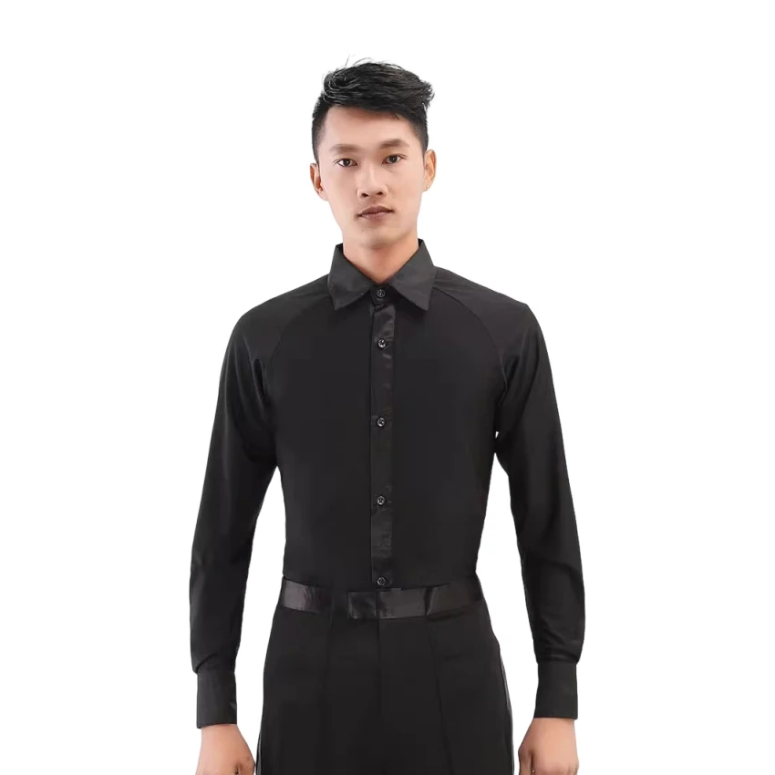 Camisas de dança latina homens cristal algodão manga longa com decote em v prática topos masculino salão cha samba roupas dança dancewear