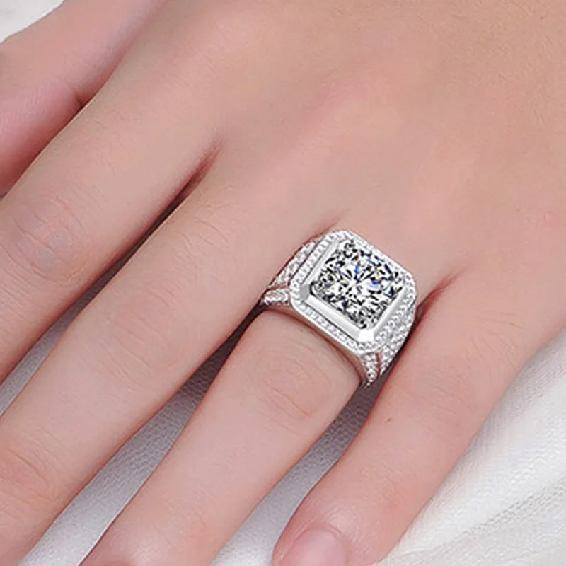 

Fashion Male White Zircon Stone Ring Silver Plated Square Round Cut Micro Cz Finger Rings for Men Promise Party Jewelry
