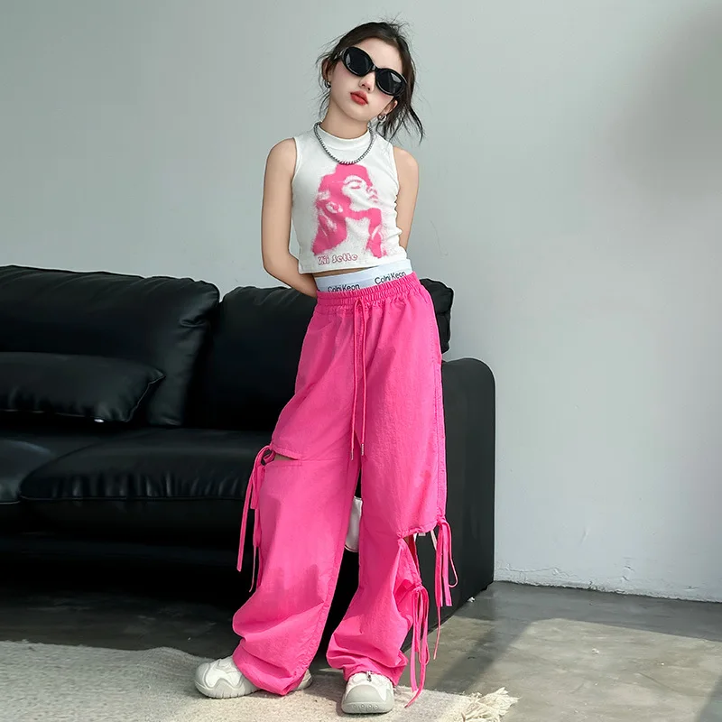 Girls Summer Set 2024 New Children's Fashionable Sleeveless Tank Top T-shirt Fashion Casual Pants Two Piece Set