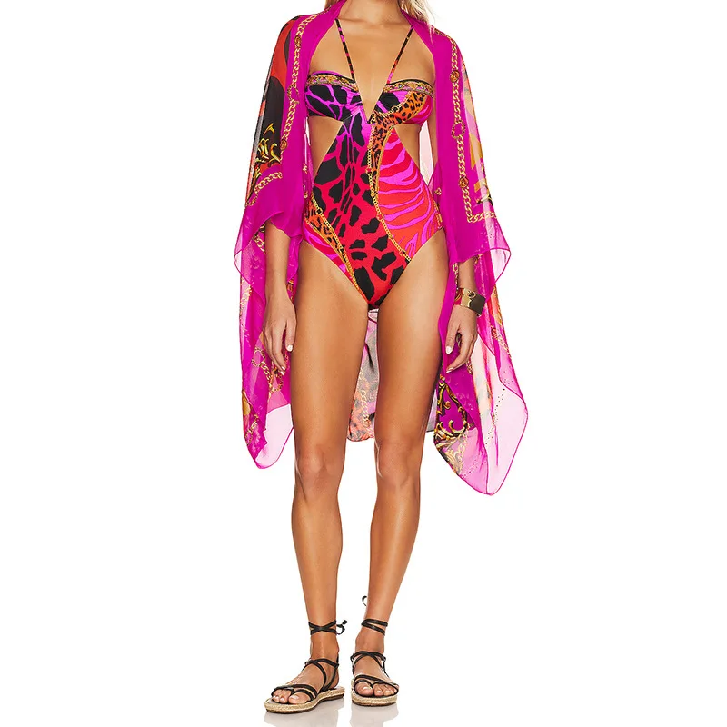 2024 New Printed Mesh One Piece Set with European Beauty Outer Single Swimwear Bikini Sexy Fashion Design