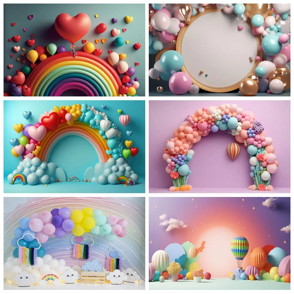 

Newborn Baby 1st Birthday Party Backdrop Arched Door Colorful Balloon Baby Shower Cake Smash Photography Background Photo Studio