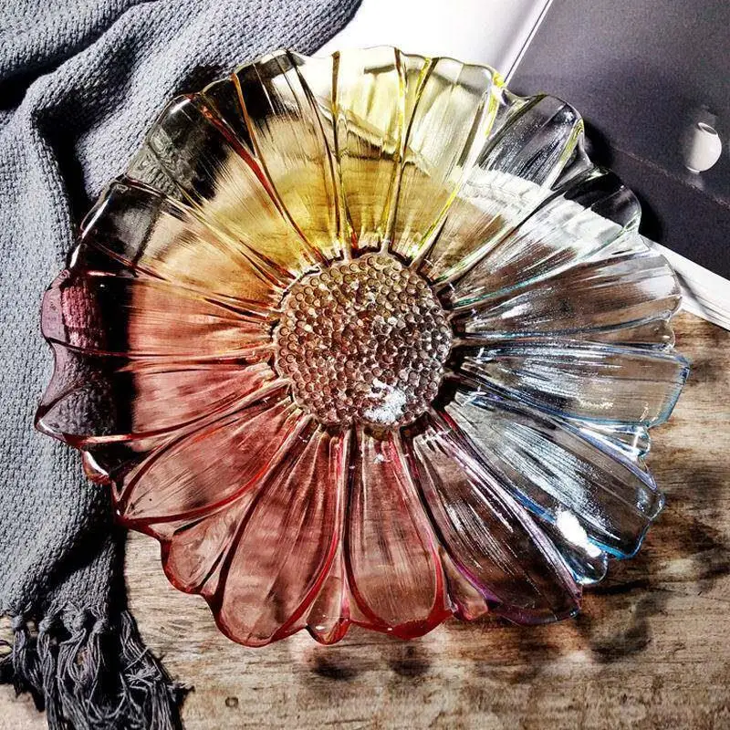 

New Glass Sunflower Large Fruit Tray Nordic Style Snack Plate Dry Fruit Basket Fruit Display Dish European Design