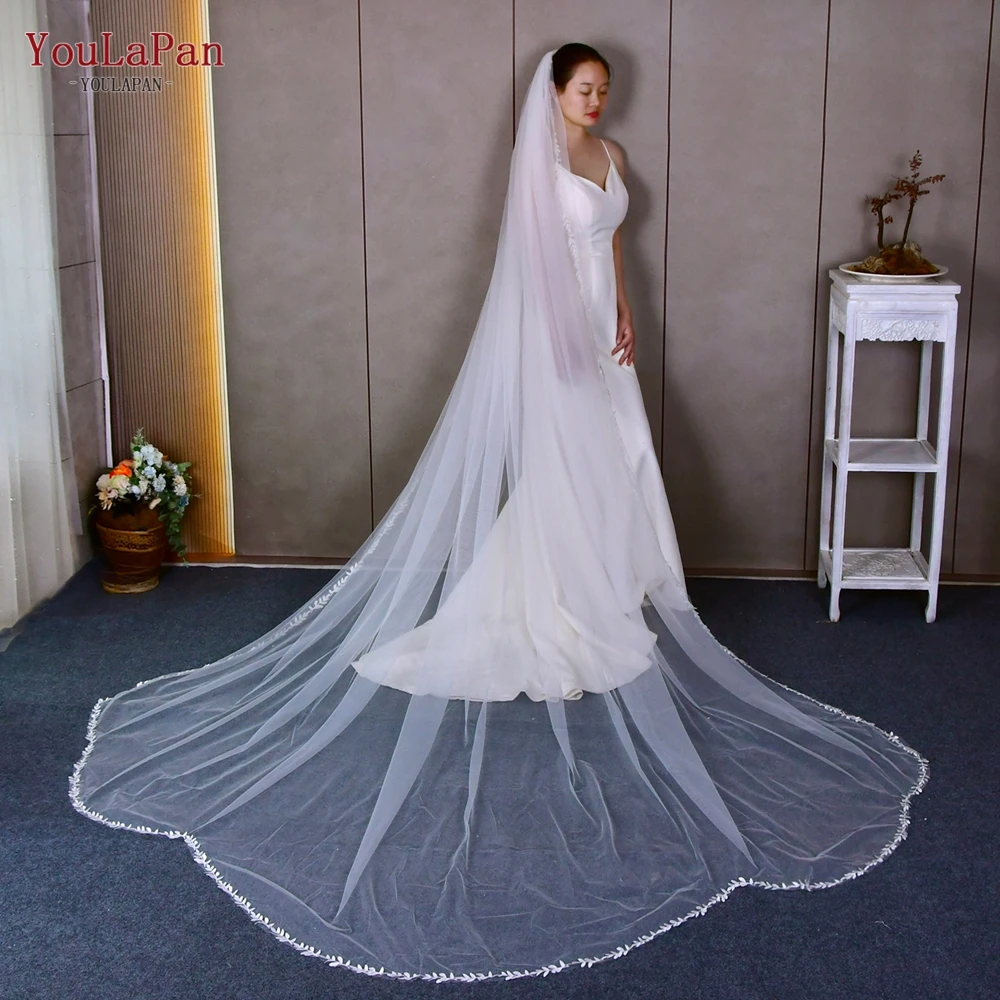 YouLaPan V142 semplice ed elegante cattedrale velo da sposa 1 livello morbido lungo bordo smerlato accessori da sposa matrimonio