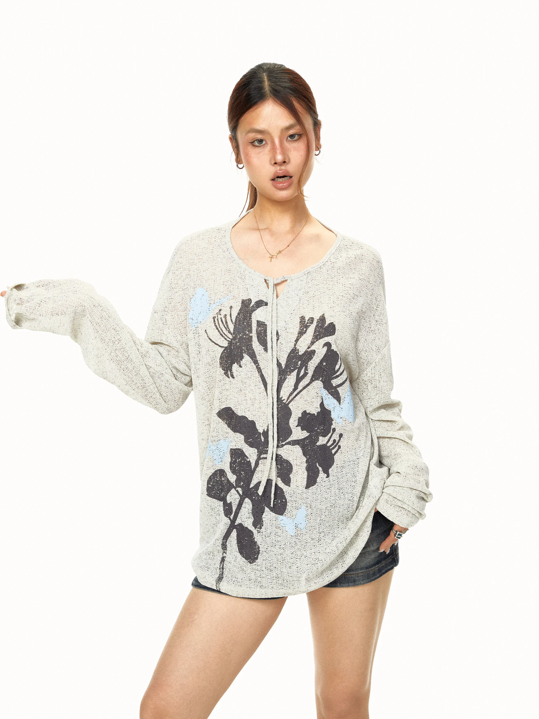 Retro Forest System Long Sleeve T-Shirt Women's Loose Casual Top Knot Cover up Female Summer Thin Polyester Linen Blend