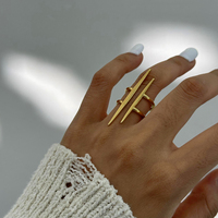 Vintage 18K Gold Plated Stainless Steel Parallel Double Line Hollowed Out Open End Ring Women Anti Allergic Charm Daily Jewelry