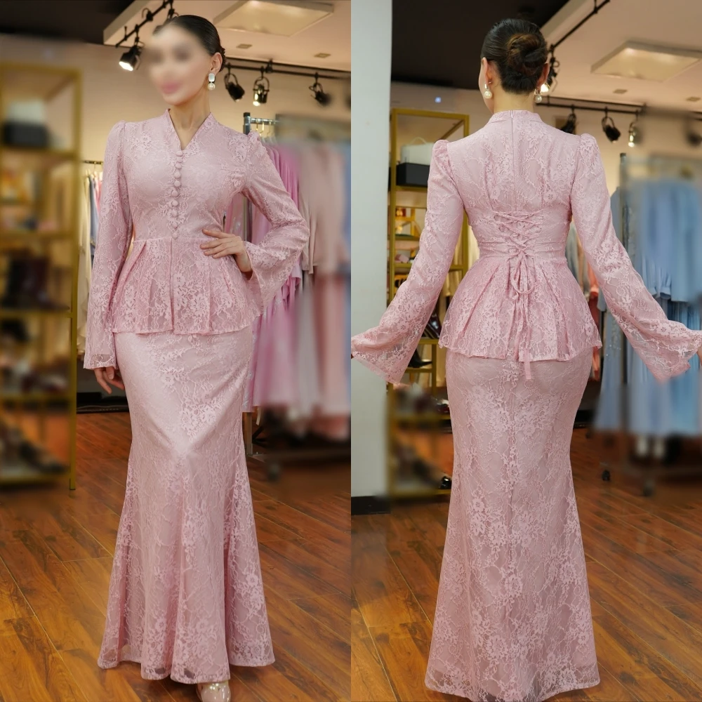 

Customized Evening Dress Pleat Lace Button V-neck Trumpet Pink Long Dresses Bespoke Occasion Woman Elegant Party Wedding