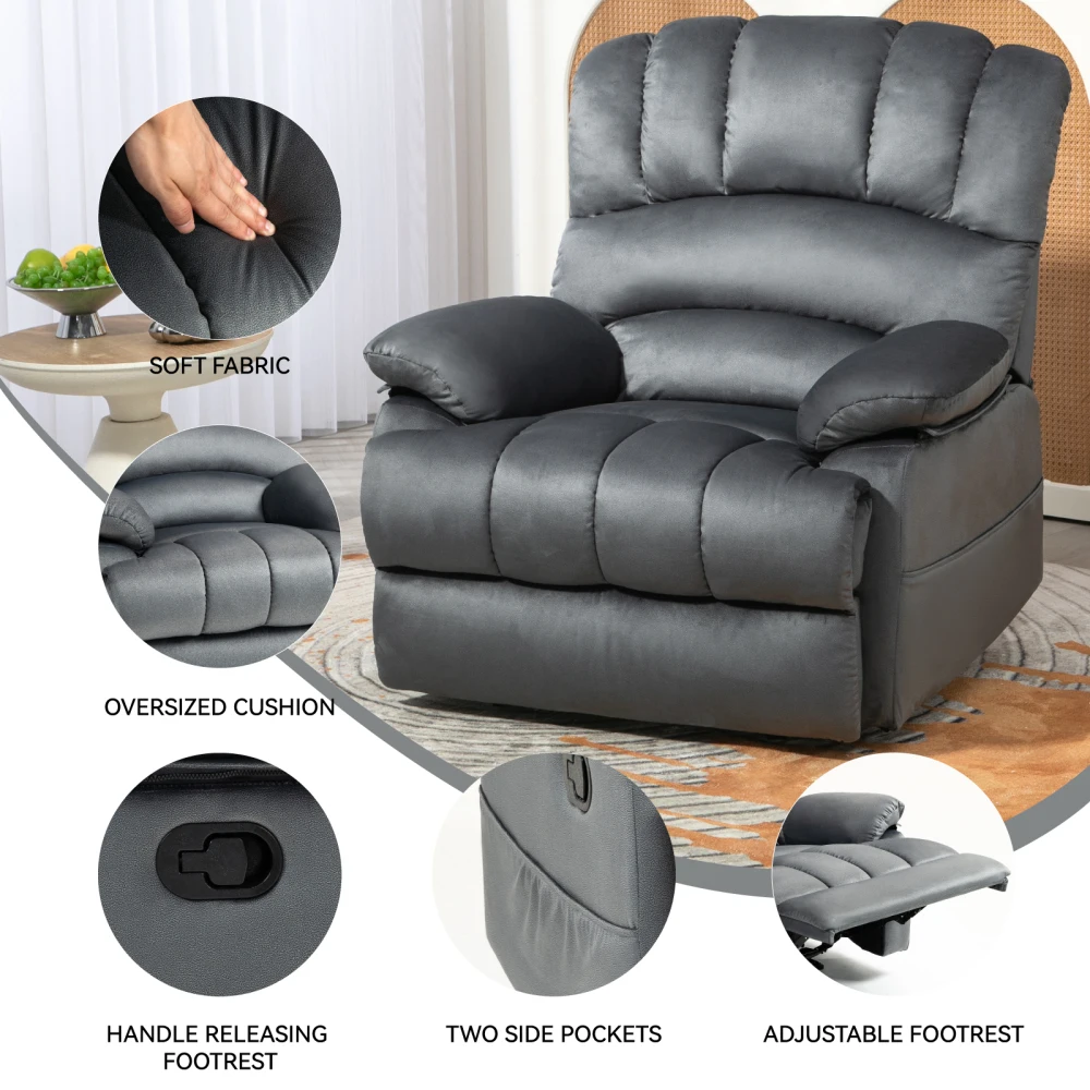 Manual Recliner Chair in Fabric ,110°-155° Adjustable Hanee and Footrest, Recliner Chair with 2 Pockets for Living Room Bedroom