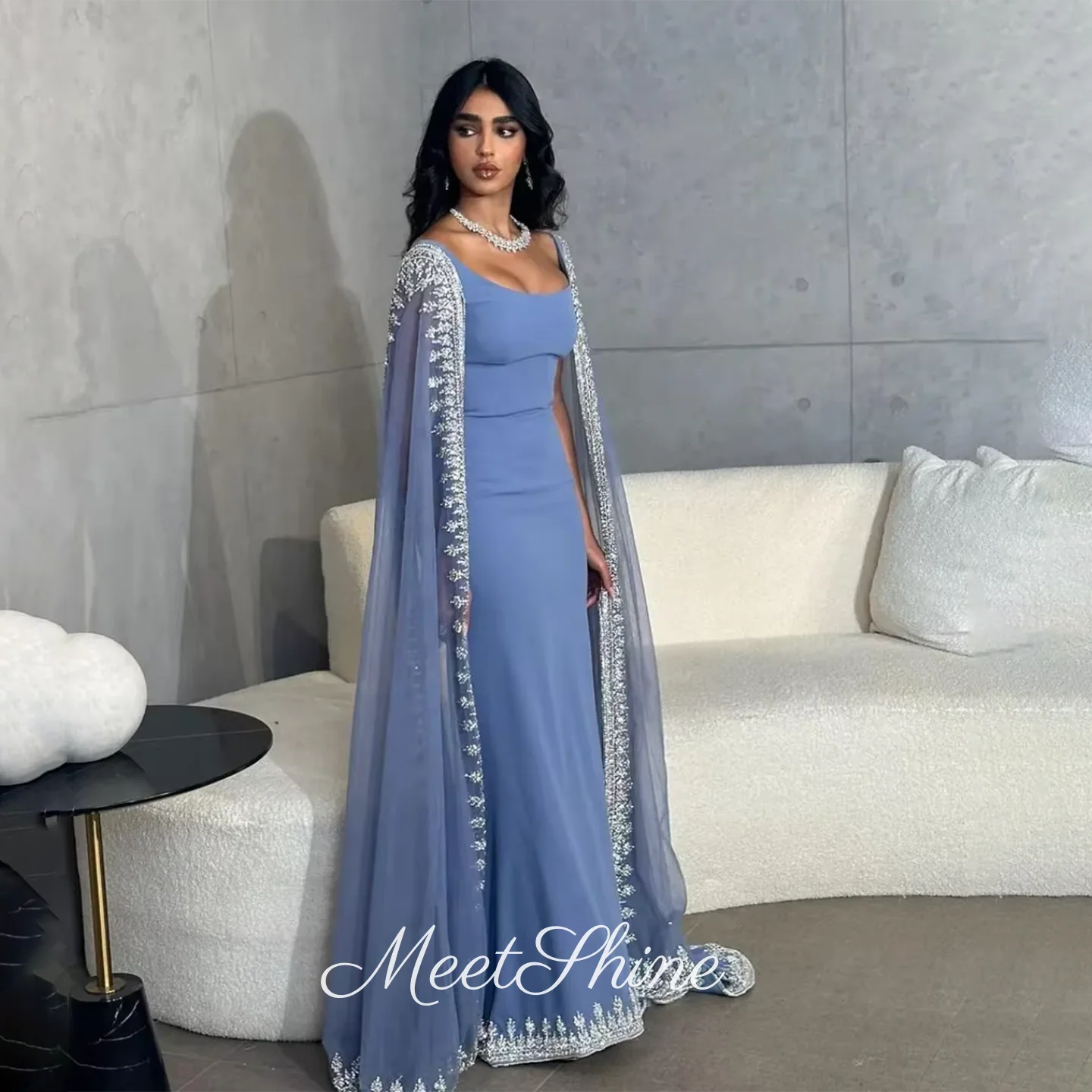 

Элегантные вечерние платья с синими бусинами и кристаллами, вечерние платья для выпускного вечера в Саудовской Аравии, свадебное платье по индивидуальному заказу, Vestidos De Gala