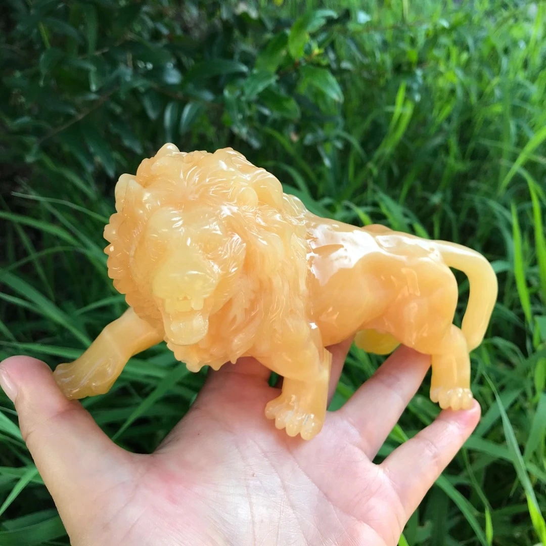 

160mm 5A+ Natural Yellow calcite topaz Crystal Stone Lion Hand Carved Animal Figurine Energy Crafts Home Decoration As Gift 1pcs