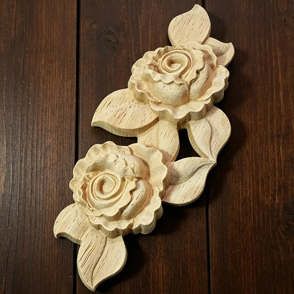 

4PCS 16cm Natural Wood Carved Floral Wooden Figurines Crafts Corner Appliques Frame Wall Door Furniture Woodcarving Decoration
