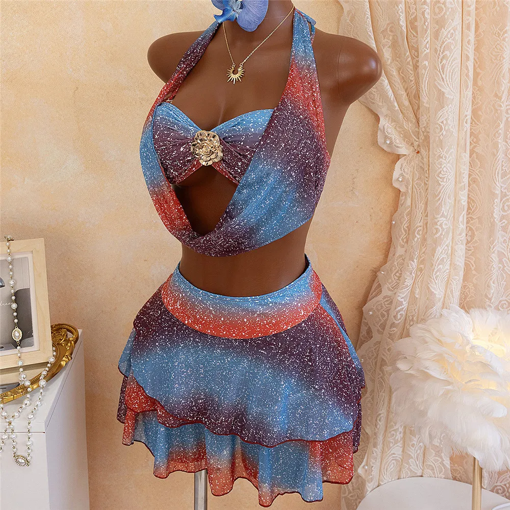Blue Gradient Shiny Swimsuit Ruffled Swim Skirt Metal Flower Sexy Bikini Swimwear 2026 Woman Bather Brazilian Bikini Femmes