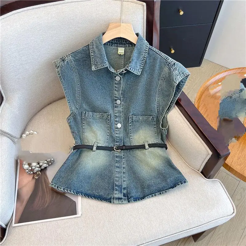 Denim Style Women's Small Fly Sleeve Denim Shirt Women's Summer Korean Cardigan Spicy Girl Camisole Student Denim Vest Tops