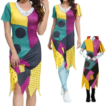 Cadılar bayramı karnaval Cosplay kabus önce noel Sally Cosplay kostüm zombi baskılı parti elbise kıyafetler tayt setleri