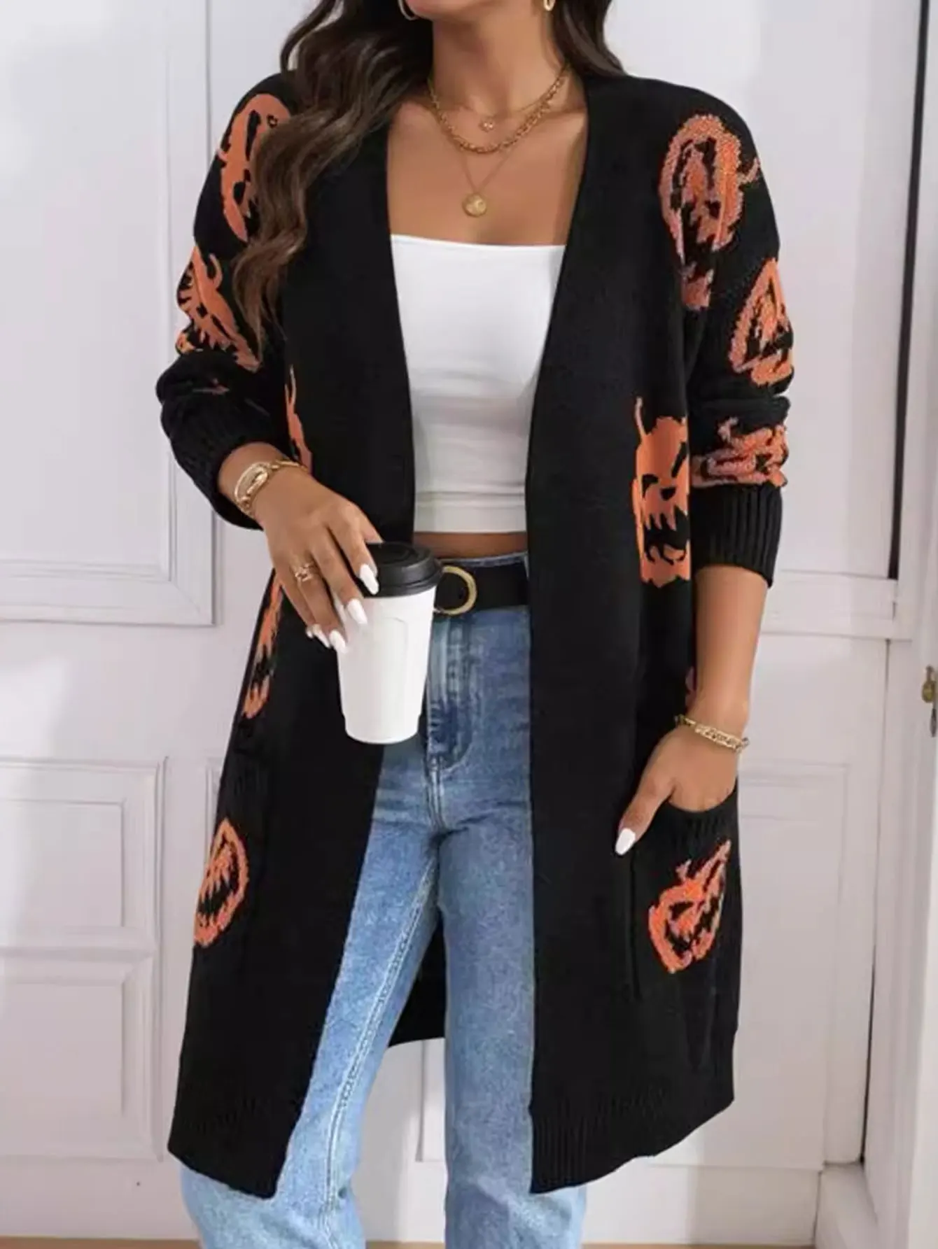 

Женский кардиган, осенне-зимний модный удобный повседневный кардиган с длинными рукавами и принтом тыквы 2025 года