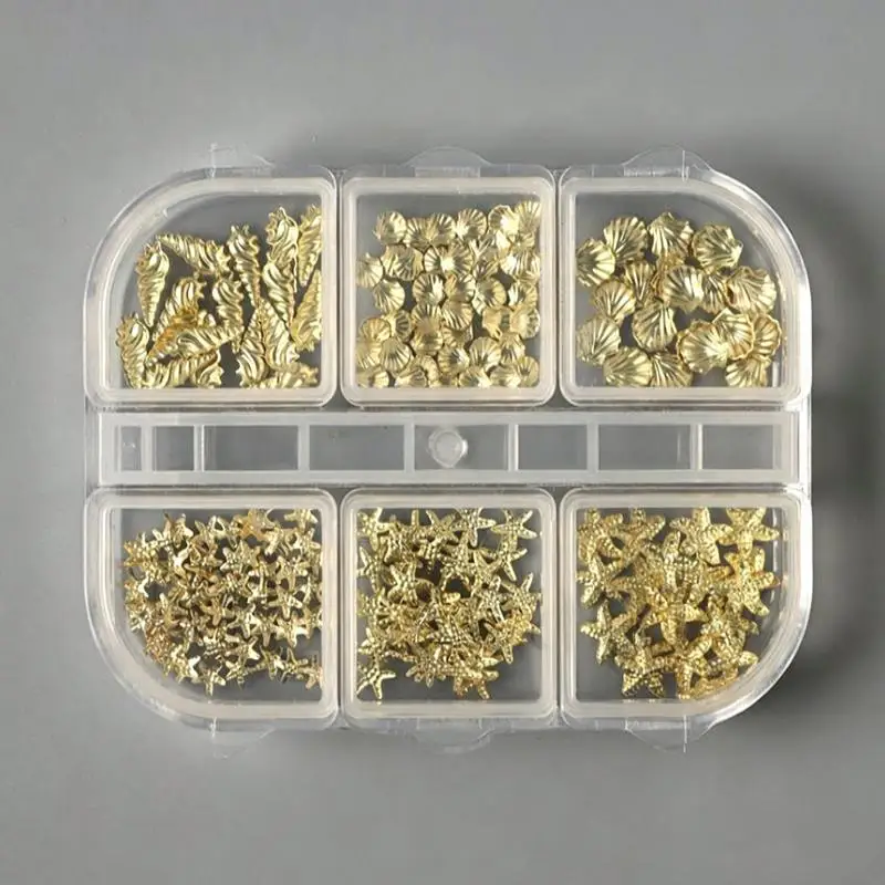 3D Gold Nail Art Charms 6 Grids Seashell Starfish Conch Decorations for DIY Manicure Salon Home Use