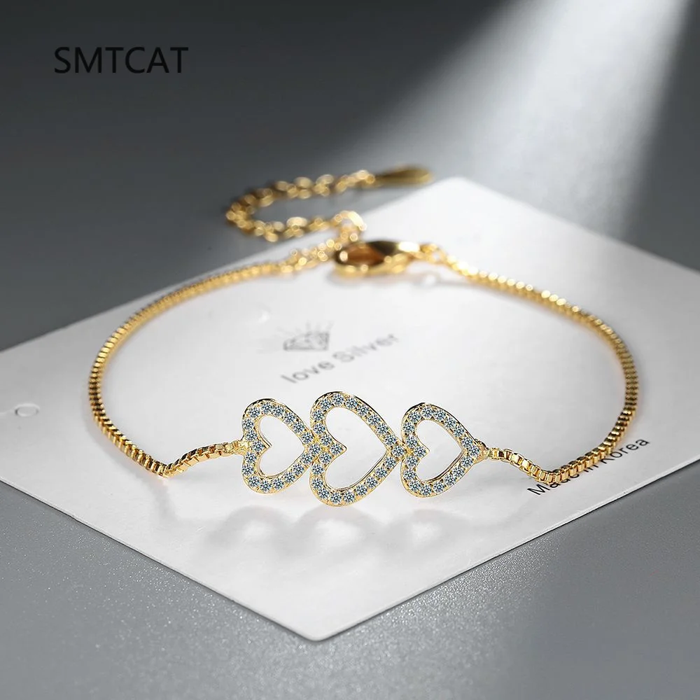 

Настоящее серебро 925 пробы, позолоченный 18 карат, тонкий браслет с тремя сердечками для женщин, свадебные минималистичные ювелирные изделия, подарок на вечеринку