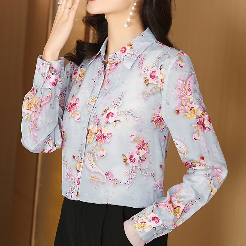 Spring Autumn Long Sleeve Printed Shirt Tops Women Office Lady Turn Down Collar Satin Silk Blouse Elegant Femme Blusas Clothing