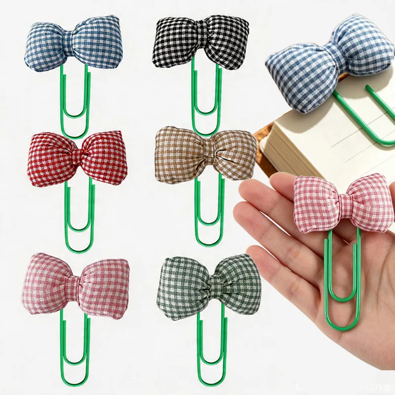 

1Pc Plaid 3D Bow-Shaped Paper Clip, 6 Colors to Choose From, Creative Journal Marker Bookmark Clip, Office Stationery Photo Fixing Decorative Clip, Cute Fabric Bow Paper Clip