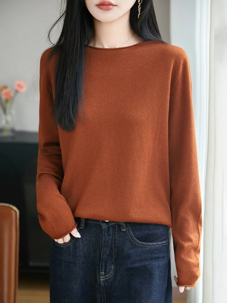 Slimming Effectiveness Loose Fit Long Sleeve round Neck Knitted Sweater Women's Thin Style Base Shirt Casual Autumn Top