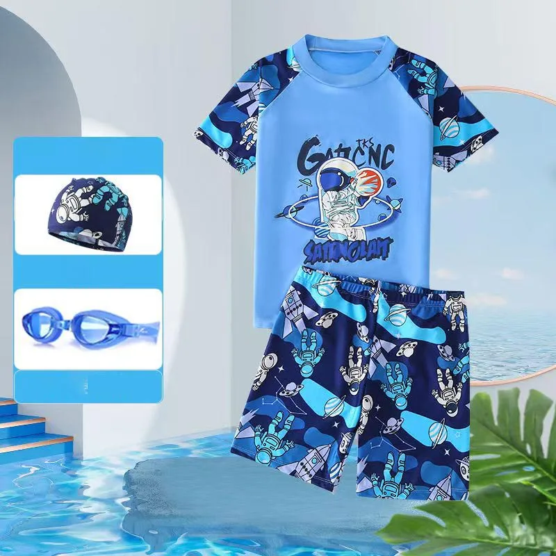 

4Pcs Boys Swimsuit Summer Quick Drying Surfing Cartoon Beachwear Outfit With Swimming Cap And Goggles