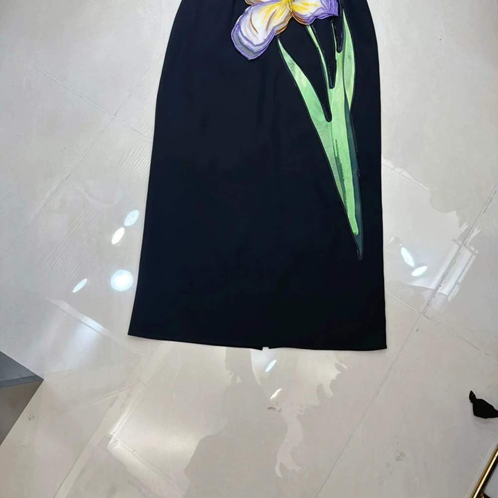 Verano cuello redondo letra negra falda larga a la cadera diseño retro flor tridimensional vestido de manga abombada-GZXX307