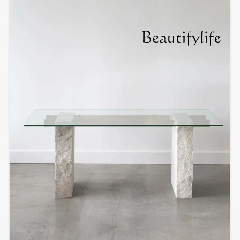 

Nordic natural marble dining table rectangular light luxury minimalist table designer negotiation table