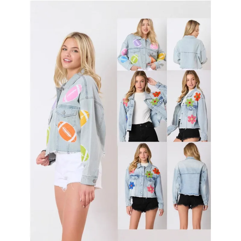 Women's Denim Jacket Long Sleeve 3D Flower Decoration Autumn Winter European Style Multi-Color Fashion Coat