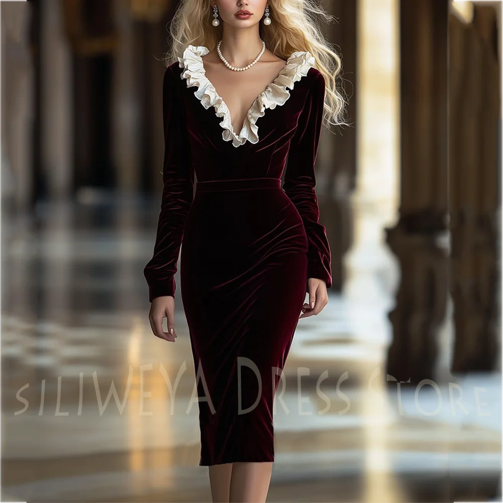Stilvolle Samt-Abendkleider in Burgunderrot, sexy V-Ausschnitt, volle Ärmel, Tee-Länge, Meerjungfrau, Dinner-Party-Abschlussballkleid für Frauen, individuell gestaltet