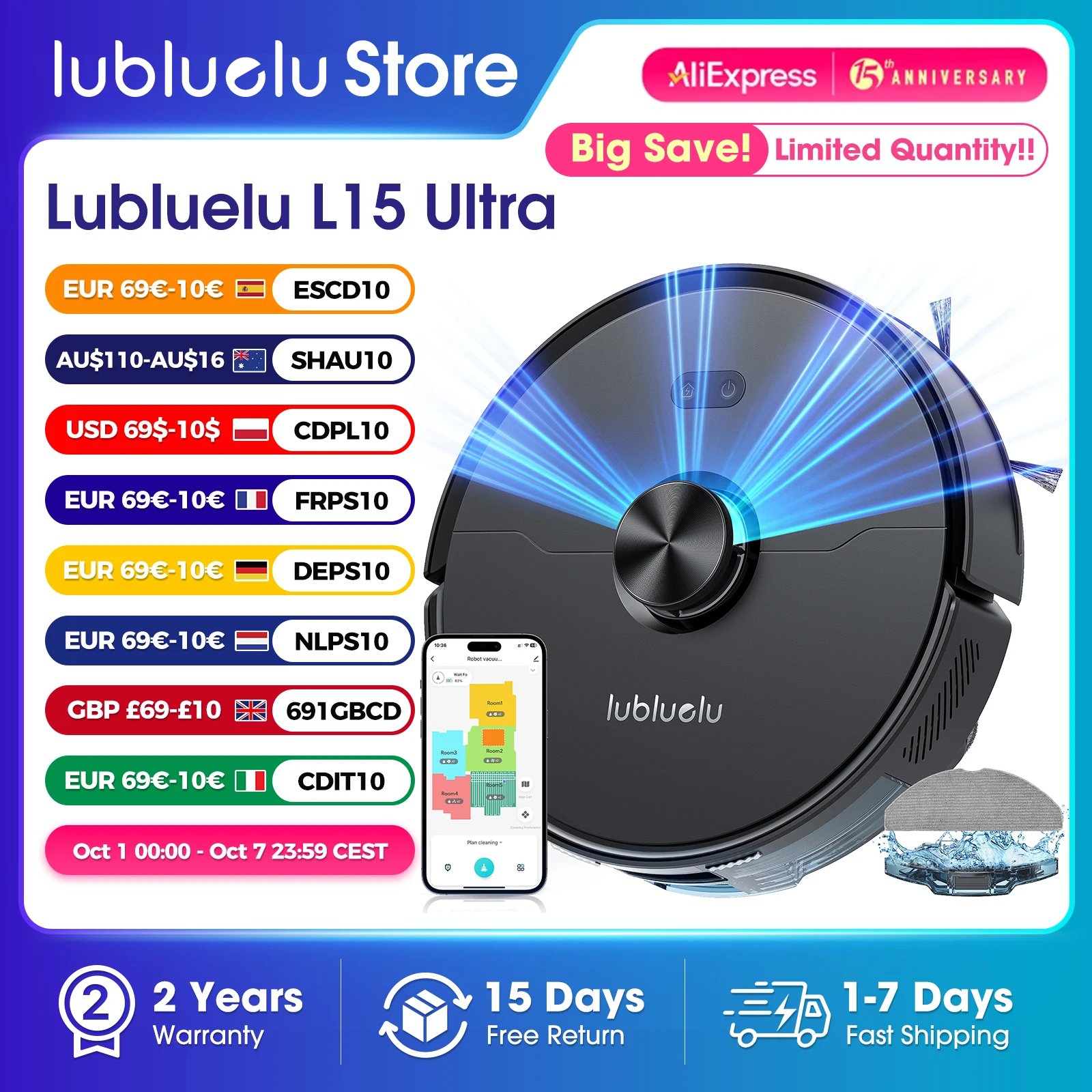 Lubluelu L15 ultra Robot aspirateur et vadrouille Combo 5500Pa 3 In1 Robot aspirateur Robot aspirateur charge automatique 5 cartes 24 Zones No-go