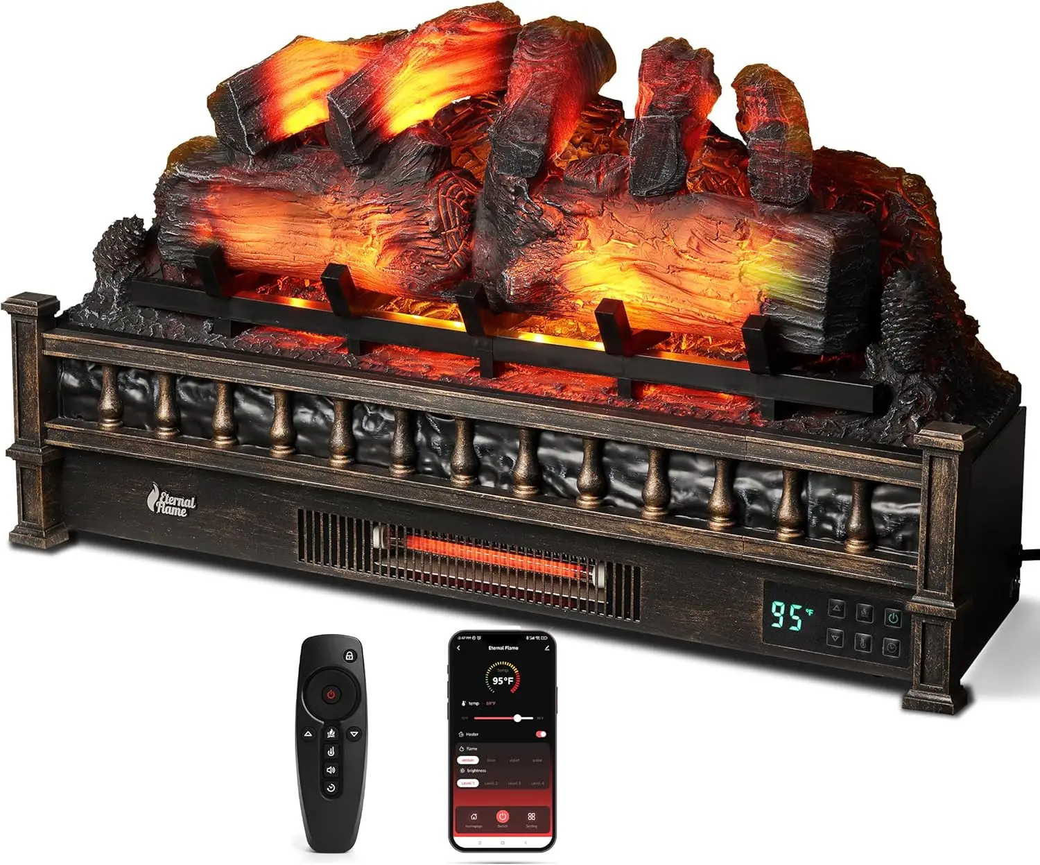 Eternal Flame 30 in. WiFi Infrared Quartz Electric Fireplace Log Heater with Sound Crackling, Realistic Pinewood Logs, Adjustabl