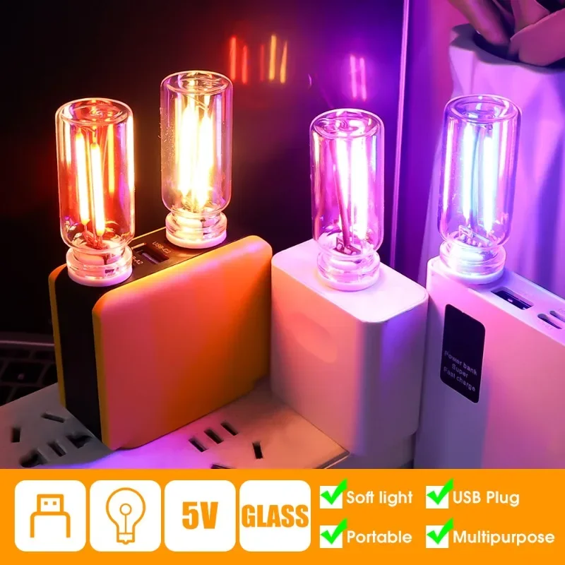 1~5PCS Retro USB LED Filament Car Atmosphere Glass Bottle Night Light Edison Bulb Auto Camping Incandescent Decorative Lighting