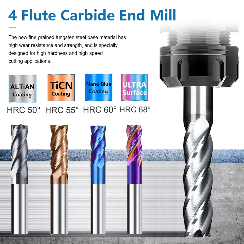 XCAN Milling Cutter 4 Flute End Mill Router Bit 1-12mm HRC 55 TiALN Coated CNC 4 Flute Milling Tools Carbide End Mills