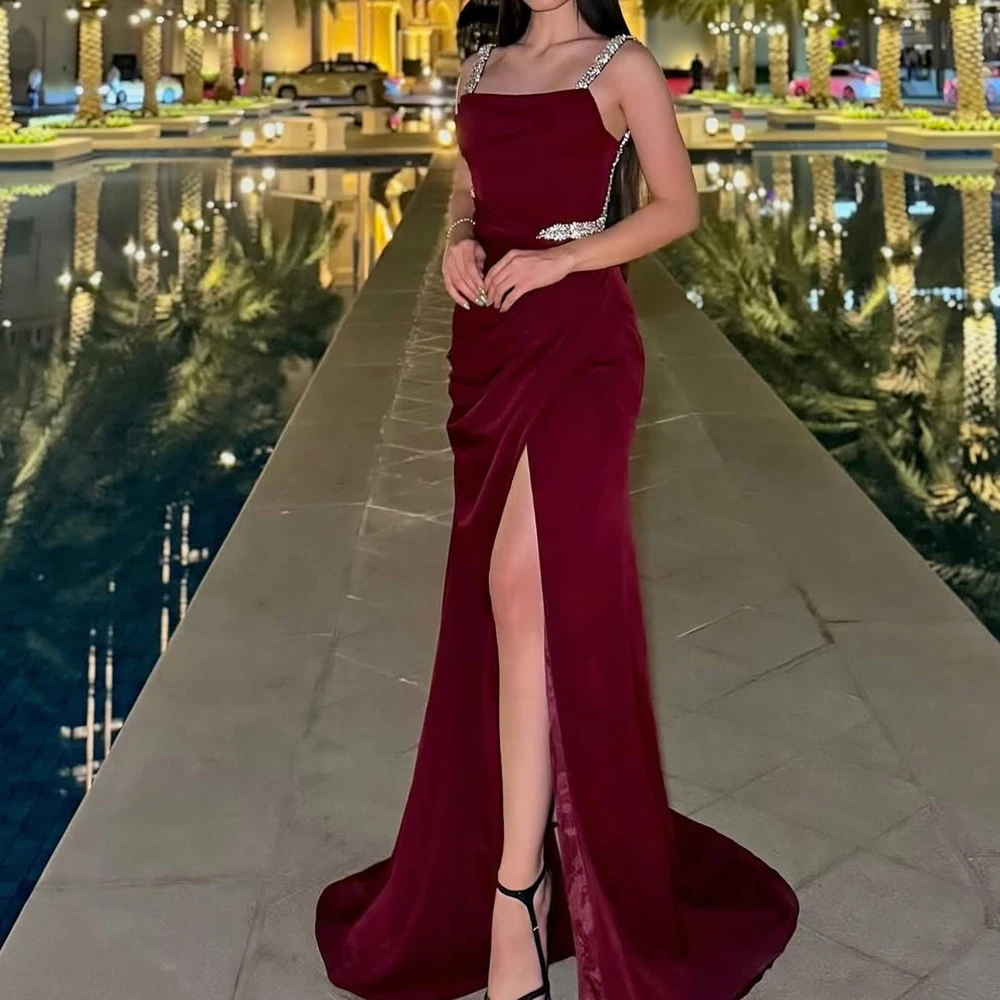 

Customized Mermaid Evening Dresses Floor-length Square Collar Sleeveless Prom Gown Fashion Sequined Side-split Draped Party Gown