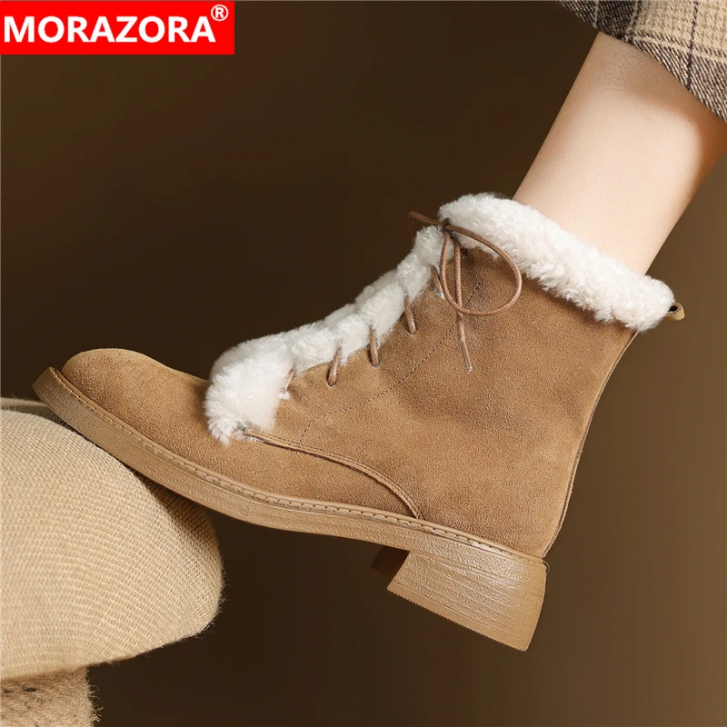 

MORAZORA Cow Suede Leather Snow Boots Women Lace Up Wool Blend Winter Boots Handmade Warm Ankle Boots For Female Shoes