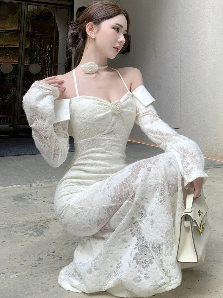 2025 Wit Kant Jacquard Chic Hals Gemonteerde Sexy Lange Jurk Vrouwen Koreaanse Mode Casual Jurk Herfst Elegante Bodycon Feestjurk