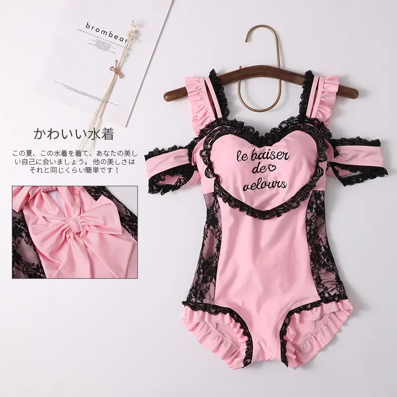 

2026 New Sweet Lolita Pink One-Piece Swimsuit Cute Girls Kawaii Sweetherat Neck Y2K Swimwear Summer New Women's Bathing Suit